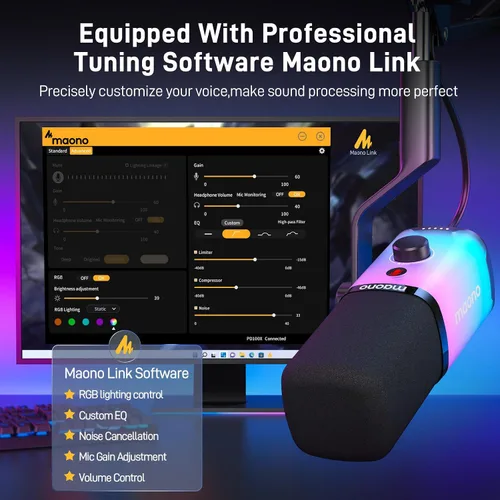 Miniatura 5 de MAONO - Micrófono dinámico para juegos Micrófono de transmisión USB/XLR para PC, grabación de pódcast, software personalizable, RGB, botón