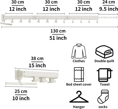 Miniatura 4 de JOOM Tendedero de ropa montado en la pared, estante de secado de ropa plegable, retráctil, plegable (tres pliegues, gancho mejorado), estante