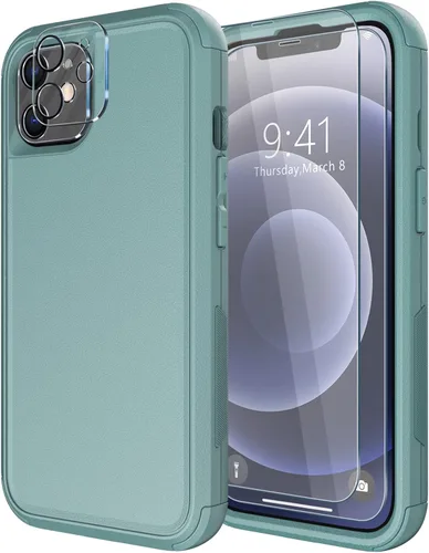 Miniatura 20 de Diverbox - Funda para iPhone 12 a prueba de golpes y caídas, protector de pantalla de vidrio templado, funda protectora de alta resistencia