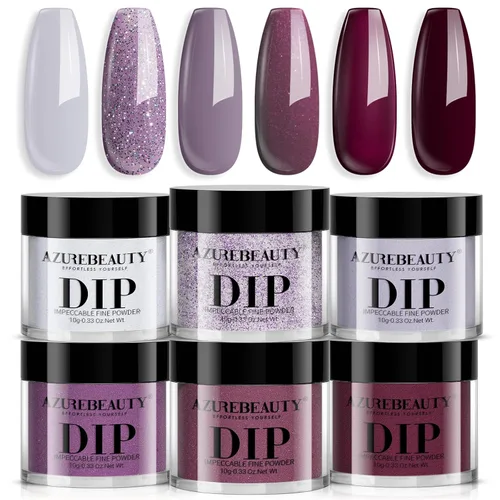 Miniatura 9 de AZUREBEAUTY Polvo de uñas de inmersión, kit de iniciación de 6 colores con purpurina marrón y roja, arte de uñas francesa, manicura de bricolaje