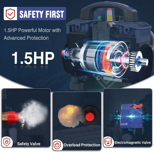 Miniatura 6 de Compresor de aire, 1 galón ultra silencioso portátil 60 dB, llenado rápido de 13 segundos, compacto de 1 galón, sin aceite para inflar neumáticos