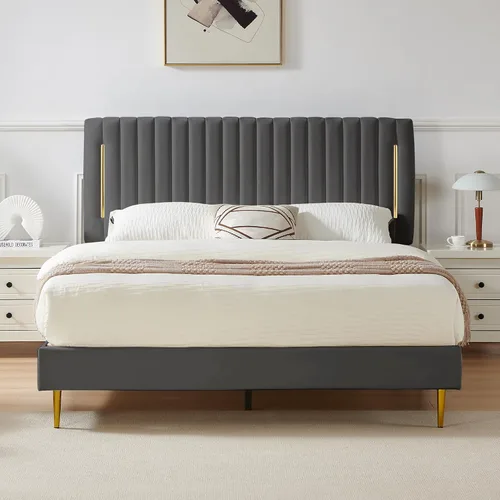 Miniatura 10 de Furnify Armazón de Cama de Plataforma Twin, Marco de Cama Tapizado en Terciopelo con Cabecera Ajustable de Canal Vertical, Ribete de Enchapado