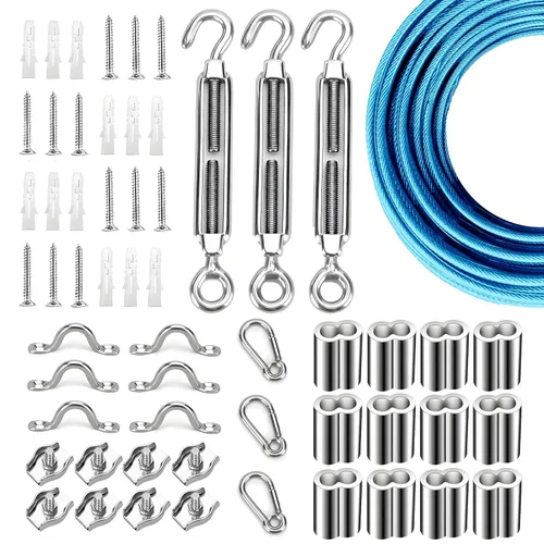 Miniatura 25 de Kit de suspensión de luces de cuerda de globo, cable guía de luz para exteriores, cable de acero inoxidable recubierto de vinilo, incluye 50 pies