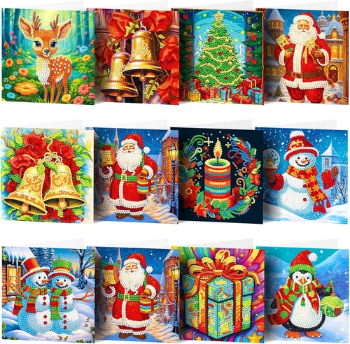 Miniatura 18 de LUSandy Paquete de 12 tarjetas de Navidad con pintura de diamante 5D para adultos, tarjetas de felicitación de arte con diamantes para gatos