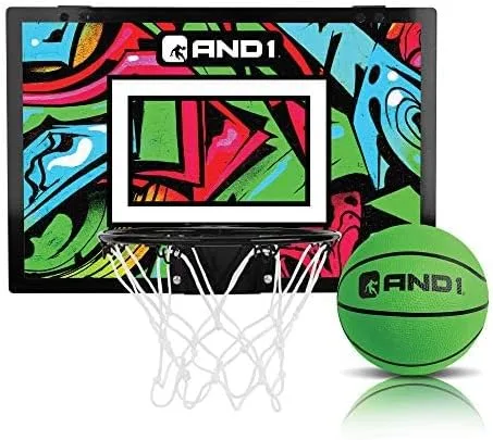 Mini aro de baloncesto para puerta AND1: tablero antirroturas de 18x12, 2 mini balones de baloncesto y bomba manual incluida - Accesorio de
