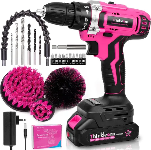Juego de taladro inalámbrico rosa de 20 V, kit de taladro eléctrico/destornillador con cepillo de taladro, juego de brocas, portabrocas sin llave de