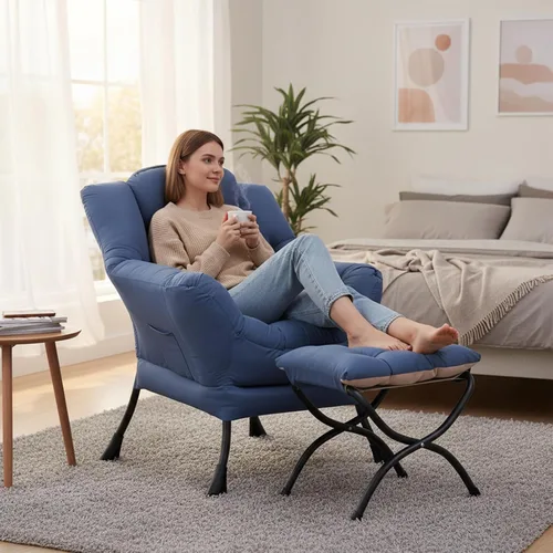 Miniatura 9 de Welnow - Silla perezosa con otomana, moderna silla de descanso con reposabrazos y bolsillo lateral, sillón de sofá tapizado de ocio, sillón de Azul