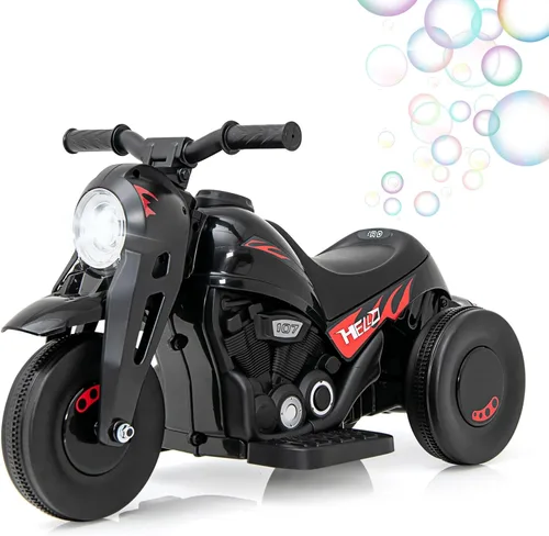 OLAKIDS Motocicleta para niños, de 6 V, juguete eléctrico para montar con función automática de burbujas, pedal de pie, faro, música, vehículo de 3