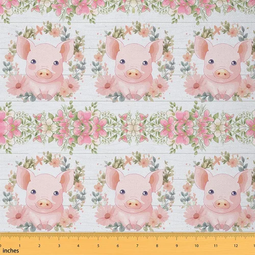 Jejeloiu The Yard - Tela de tapicería de cerdo lindo para sillas, tela con patrón de cerdos de granja de dibujos animados, tela decorativa de flores