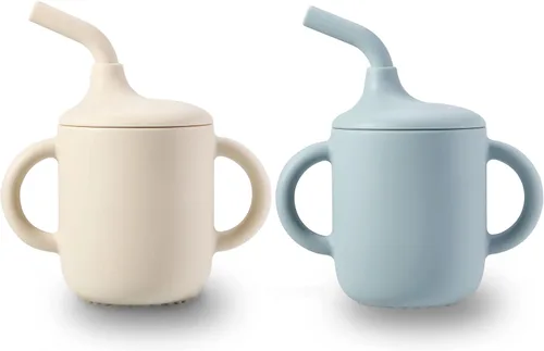 Miniatura 8 de PandaEar Paquete de 2 vasos de entrenamiento de silicona 100% diminutos con asas y popote para bebés y niños pequeños (rosa verde)