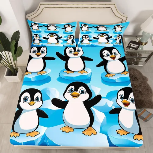 Juego de sábanas de pingüinos de dibujos animados de 2 piezas, lindos pingüinos para bebé, jugando con el agua, varias poses, sábana bajera