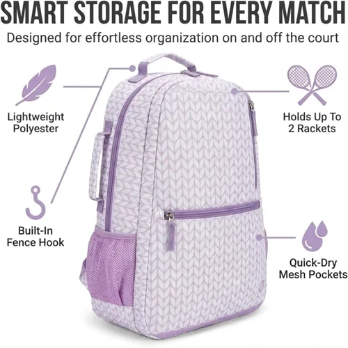 Miniatura 5 de Thorza Mochila de raqueta de tenis para mujer – Bolsa de tenis ligera que almacena 2 raquetas, pelotas y equipo deportivo – Mochila Púrpura