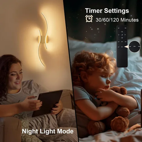 Miniatura 7 de KARTOOSH Aplique de pared a pilas con control remoto, colores continuos 3000K-6000K y atenuación, luz de pared LED inalámbrica dorada para sala