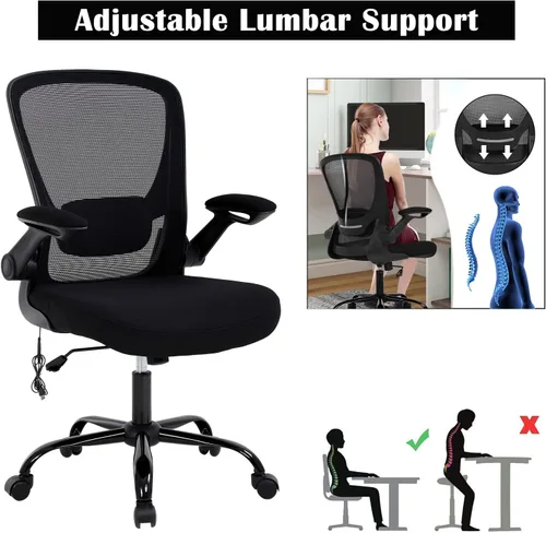 Miniatura 4 de Silla de oficina en casa, silla de escritorio ergonómica, silla de computadora de malla con brazos abatibles, altura ajustable, respaldo medio
