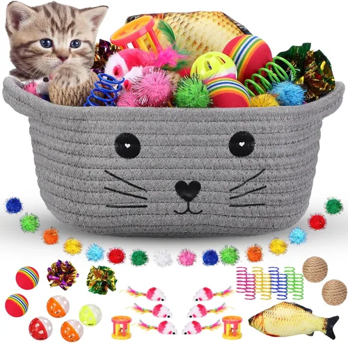 Miniatura 8 de Zopeal - Juego de 58 cestas de almacenamiento para gatos de verano, juguetes de regalo, bolas intermitentes coloridas para mascotas, bolas Negro
