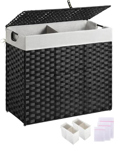 Miniatura 14 de Greenstell Cesta para la ropa sucia con 2 bolsas de forro extraíbles – Cesta de ropa dividida de 90 L, cesta de lavandería plegable de ratán Gris