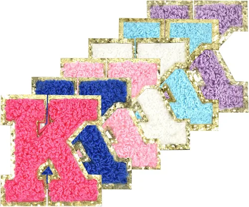 Miniatura 18 de 6 piezas de parches de letras de chenilla autoadhesivas con purpurina para planchar, parches de letras universitarias estilo preppy, letras difusas