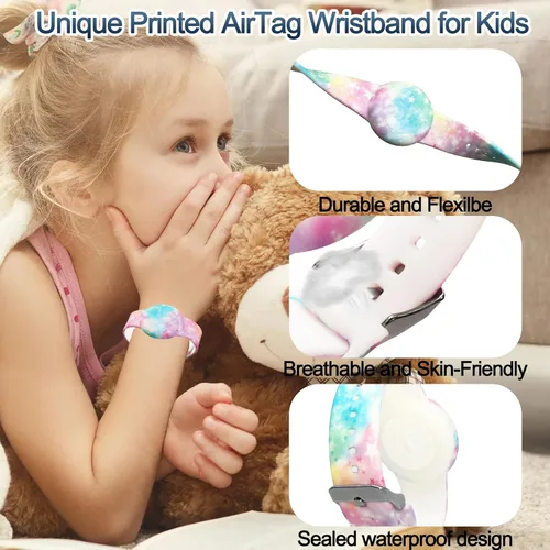 Miniatura 6 de Paquete de 2 pulseras impermeables AirTag para niños, pulsera impresa oculta para Apple AirTag, funda de silicona para AirTag y rastreador