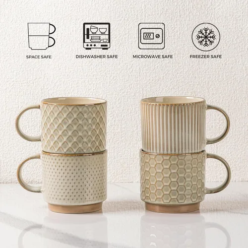 Miniatura 7 de GBhome Tazas de café apilables de 6 onzas, tazas de café de cerámica con patrones de textura para hombre, mujer, papá, mamá, juego de 4 tazas