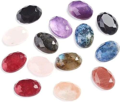 Fashewelry 30 piezas de cabujones de piedra natural mixta de 0.55 x 0.39 pulgadas con parte trasera plana, azulejos de camafeo ovalados facetados