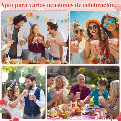 Miniatura 6 de LemonRoad Juego de 50 vasos de plástico transparente de cereza con tapas y pajitas, vasos de fiesta de 16 onzas rosadas para café helado, batidos