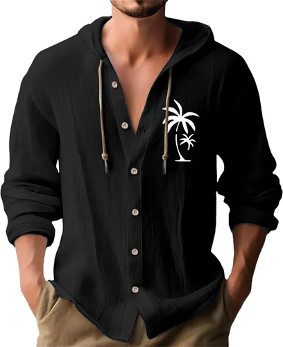 Miniatura 4 de Camisas de manga larga con botones para hombre, camisa con capucha a rayas verticales, casual, para vacaciones, verano, ligera, con cordón Z21