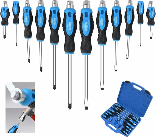 Juego de destornilladores magnéticos de 12 piezas, juego de destornilladores de servicio pesado con cuchillas de acero para atravesar, juego de