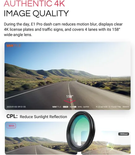 Miniatura 11 de Vantrue Cámara frontal E1 Pro 4K Mini Dash Cam frontal, STARVIS 2 PlatePix HDR visión nocturna para automóvil, GPS WiFi 5G integrado, pantalla IPS