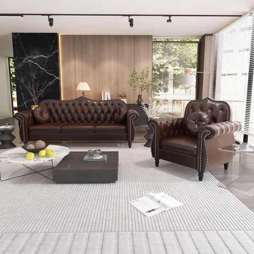 Miniatura 9 de AVZEAR 82" Sofá de tres plazas de cuero, sofá Chesterfield, sofá tapizado en PU de estilo moderno de mediados de siglo, sofá de sala de estar