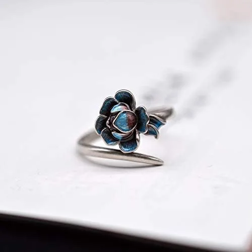 Miniatura 2 de Anillo de plata de ley 925 con esmalte y flor de loto para mujeres y niñas, abierto y ajustable, Metal, Sin piedras preciosas