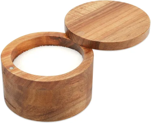 Miniatura 8 de KITCHENDAO Caja de cuenco de sal de bambú, elegante contenedor soporte de cocina con tapa magnética giratoria para almacenar pimienta, especias