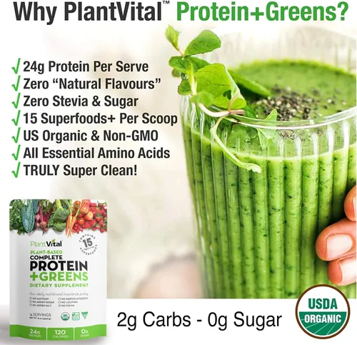 Miniatura 3 de Plantvital Proteína vegana orgánica sin sabor en polvo, 15 superalimentos, verduras y probióticos, proteína orgánica a base de plantas, todos