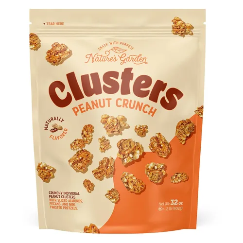Nature’s Garden Clusters de maní crujiente, bolsa de 32oz – Grandes bocados de mezcla de frutos secos y pretzel con almendras, nueces pecanas –
