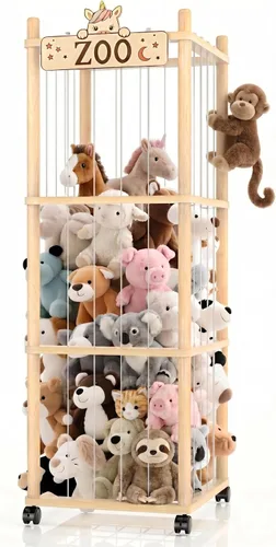 Miniatura 8 de Torre del zoológico de almacenamiento de animales de peluche, organizador grande de madera de 56 pulgadas con ruedas, almacenamiento de peluches