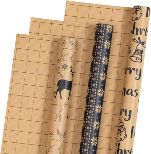 Miniatura 9 de RUSPEPA - Rollos de papel de regalo de Navidad - Mini rollo - 17 pulgadas x 10 pies por rollo, total de 3 rollos - Diseño de renos y copos de nieve