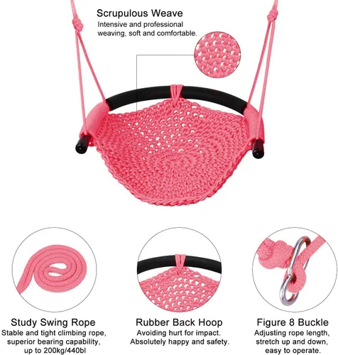 Miniatura 9 de JKsmart Asiento de columpio para niños de servicio pesado con cuerda de juego, juego de columpio seguro para niños, perfecto para interiores, Rosa