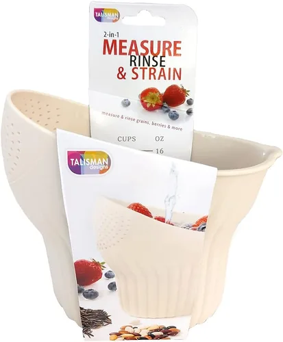 Talisman Designs Enjuague y tensión 2 en 1 | Capacidad para hasta 2 tazas | Colador de alimentos | Cesta de lavado de frutas | Colador y colador