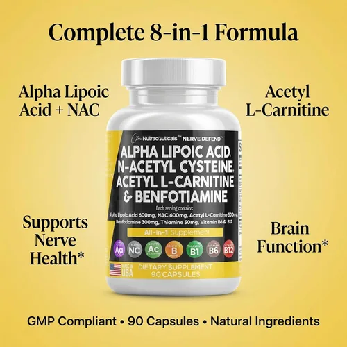 Miniatura 9 de Ácido alfa lipoico 600 mg N-acetil cisteína 600 mg acetil L-carnitina 500 mg Benfotiamina 300 mg - Suplemento de apoyo nervioso para mujeres
