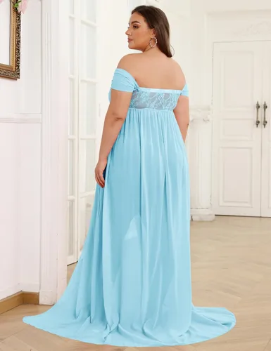 Miniatura 5 de Vestido de maternidad para sesión de fotos con hombros descubiertos, vestido de gasa con abertura frontal, maxi vestidos de embarazo para fotografía