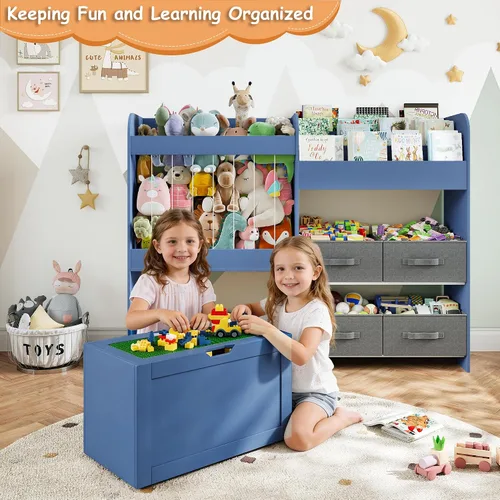 Miniatura 3 de Organizador grande de almacenamiento de juguetes de 51.1 pulgadas de ancho con almacenamiento de animales de peluche, estantería para niños con 4