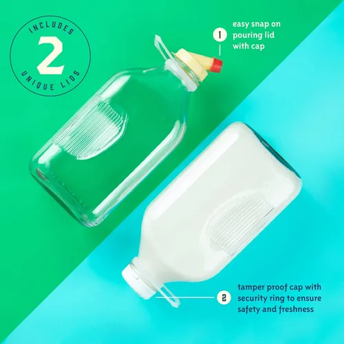 Miniatura 3 de kitchentoolz Botellas de leche de vidrio de 64 onzas con boquillas de vertido y tapas a prueba de manipulaciones, recipientes de medio galón
