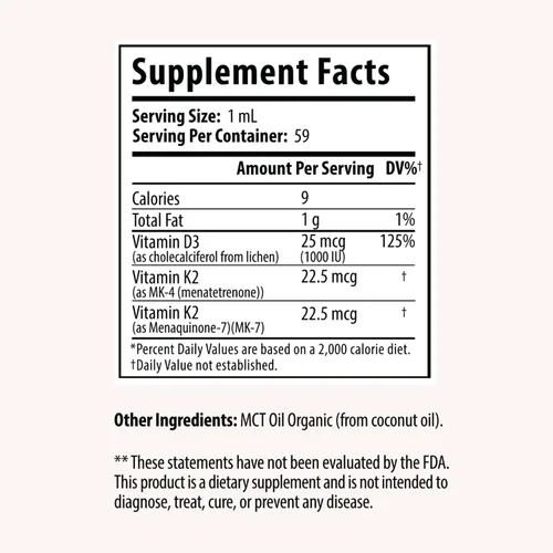 Miniatura 2 de Drop Vitamina D3 + K2 gotas líquidas, 1000 UI Vegan D3 de liquen, 45 mcg K2 (MK-4 y MK-7), con aceite de coco MCT orgánico, apoyo óseo e