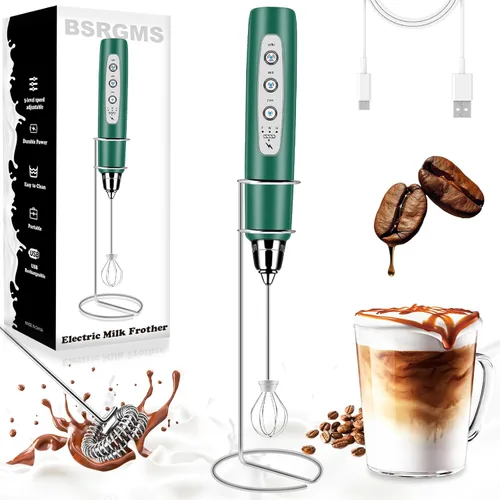 Miniatura 9 de BSRGMS Espumador de leche de mano para café, batidor eléctrico de 3 velocidades ajustables, mezclador de bebidas con 3 batidores de acero