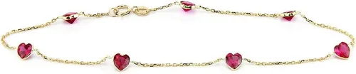 14K Yellow Gold Station Anklet With Ruby Red Heart Cubic Zirconia 9-11 Inch