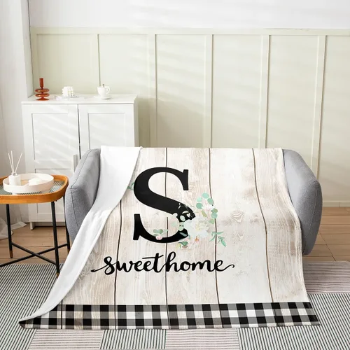 Miniatura 2 de Erosebridal Flower Initial S Flannel Blanket White Floral Flowers Fleece Blanket,40"X50",Personalized Letters Fuzzy Plush Throw for Sofa Beige Negro