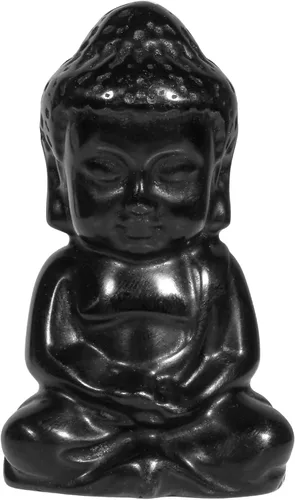 mookaitedecor Figura de cristal de Buda meditante de obsidiana negra, estatua tallada en piedra de bolsillo curativo para decoración del hogar, Feng