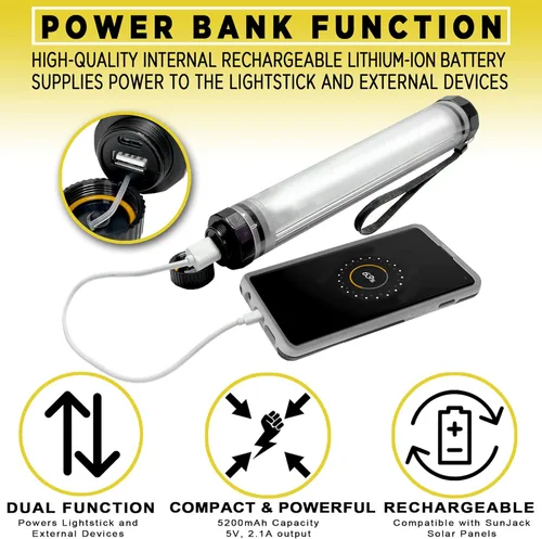 Miniatura 5 de SunJack LightStick Camplight - Linterna LED recargable impermeable y banco de energía Linterna de camping portátil para senderismo, mochilero