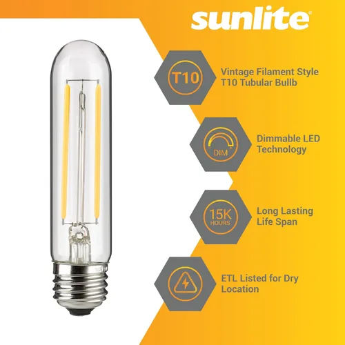 Miniatura 3 de Sunlite 80610 - Bombilla tubular de filamento LED T10, 2 vatios (equivalente a 25 W), 160 lúmenes, base E26, regulable, 4.961 in, 1 paquete de 2200