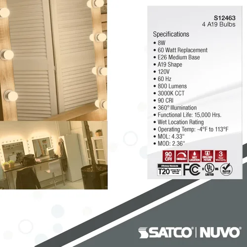 Miniatura 4 de Satco S12463 - Bombillas LED de 8 W, 120 V, 3000 K, color blanco suave, 800 lúmenes, regulables, 2 paquetes de 4 (8 bombillas en total)