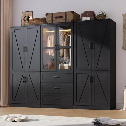 Miniatura 14 de Hlivelood Armario Ropero Estilo Granja de 75" de Alto con 2 Puertas con LED, Armario Independiente para Dormitorio con Barra para Colgar, Gabinete